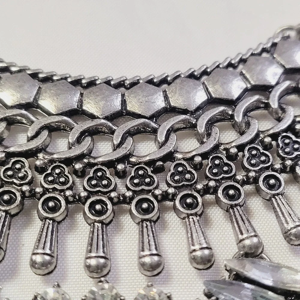 Women's Statement Bib Necklace OS Silver Rhinestone Tiered Boho Crystal U46